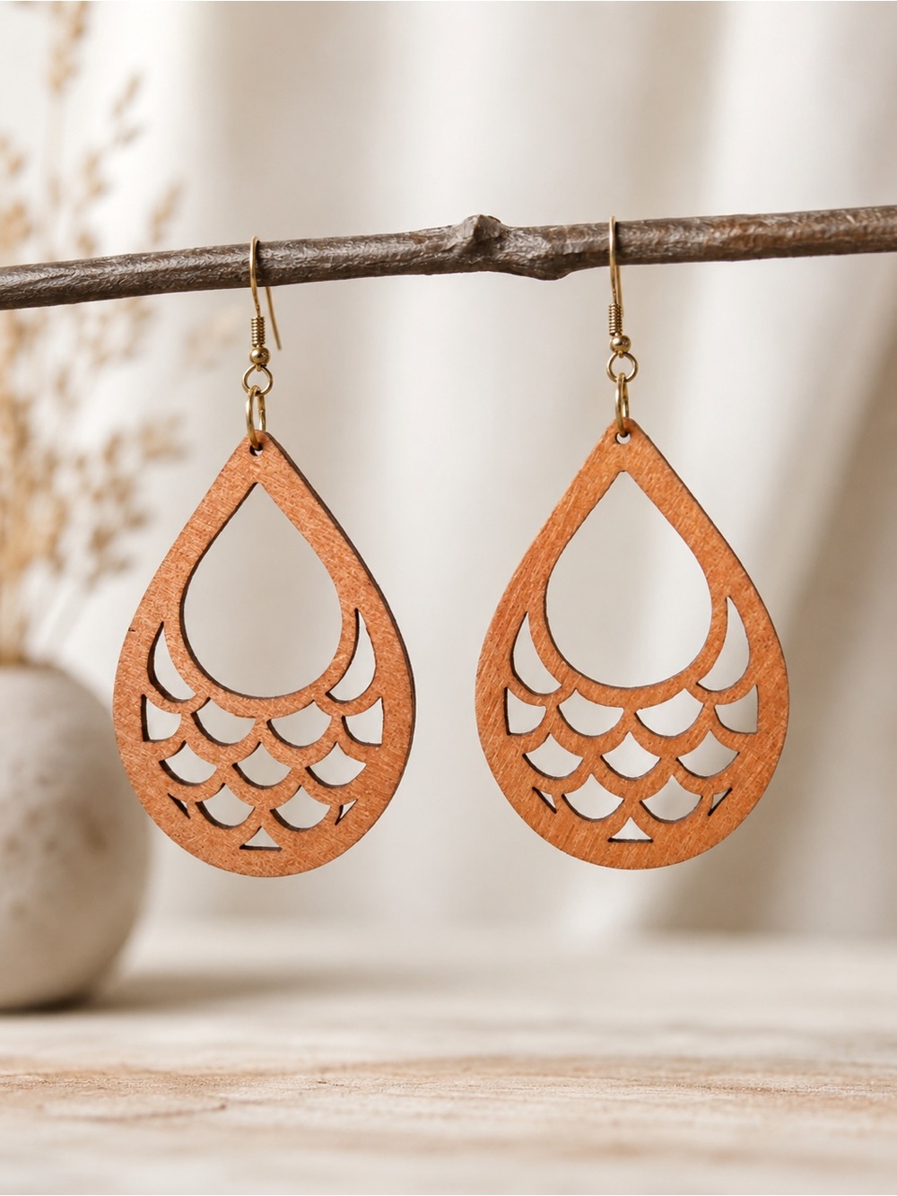 Wooden Teardrop Cutout Earrings in Brown - Lightweight Women's Jewelry